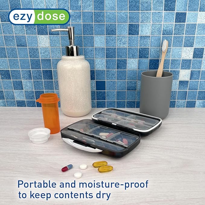 EZY DOSE Moisture-Proof Pill Case, Medicine Planner, Vitamin Organizer Box, Travel-Friendly, Latch-Closure to Secure Contents, 8 Individual Compartments of Multiple Sizes with Tight Seal, Large, Black