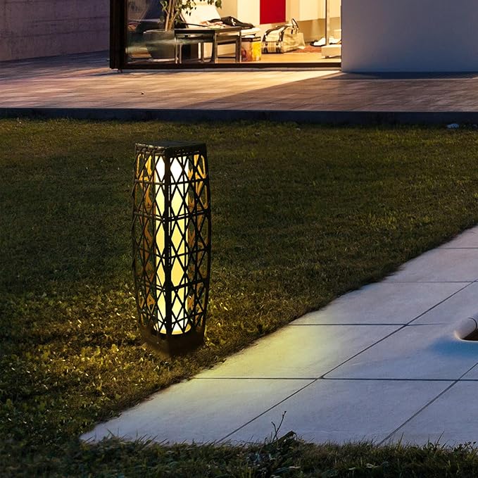 Solar Powered Outdoor Floor, 2 Piece Outdoor Floor Lamps, Solar Lanterns Waterproof, Resin Wicker Weather-Resistant Rattan Deck Light for Patio, Lawn, Porch, Garden