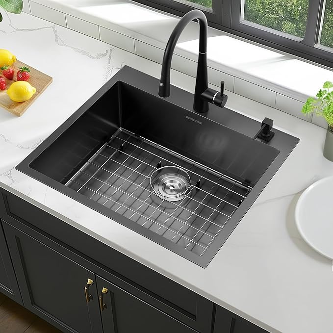 Black Drop-In Kitchen Sink 25 x 22 inch, SINKVINE PVD Nano Stainless Steel Sink for Laundry Outdoor, with Top Mount Large Deep Single Bowl, Drain Strainer, Bottom Grid, Roll-up Drying Unit, Dark Gray