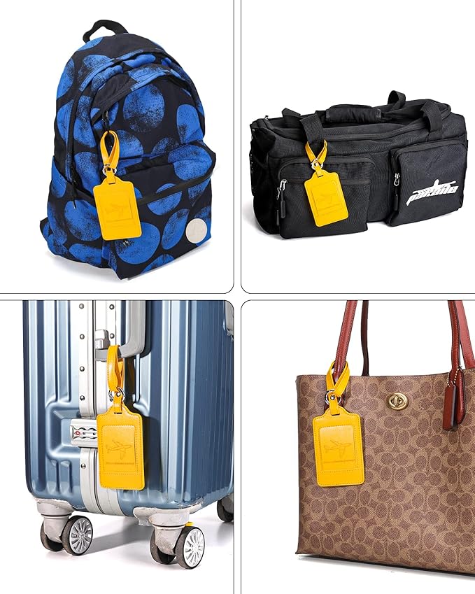 Teskyer Luggage Tags, 3 Pack Premium PU Leather Luggage Tags for Suitcases, Privacy Protection Travel Bag Tags, Yellow