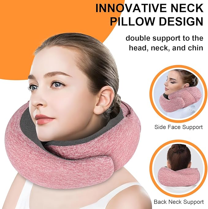 Travel Pillow - Hooded Neck Pillow Airplane Memory Foam Filling for Plane, Office, Cars Sleeping, Road Trip, Long Flights, Portable Plane Accessories, Includes Eye Mask & Earplugs (Red)