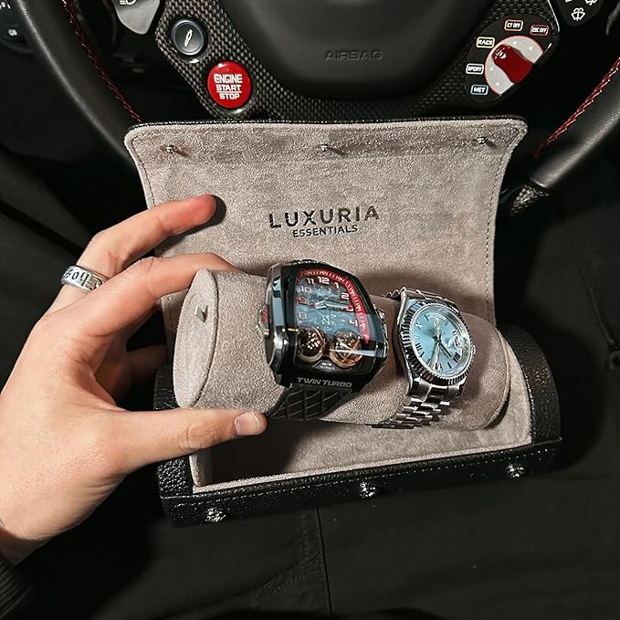 Watch Roll Travel Case for 2 Watches | Hidden Jewelry Storage Compartment, Genuine Leather Watch Roll with Dust Bags & Cleaning Cloth | Fits Men's Wrist Watches & Smartwatches