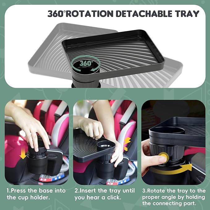 Upgraded Car Seat Tray for Kids Car Seat Tray with Expandable Base for Snacks, Toys, Books, Entertainment Kids Travel Essentials Fits 3.1''-3.5'' Cup Holders (1, Large Base)