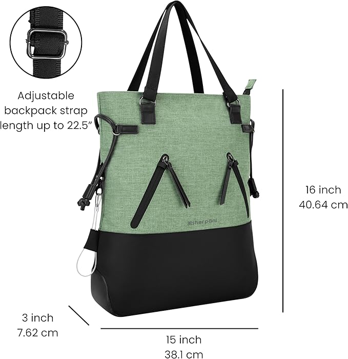 Sherpani Tempest, Anti Theft Convertible Backpack Tote, 14L Travel Backpack, Travel Gifts for Women, Handbags, RFID Protection, Metal Hardware, Fits 15” Laptop (No Sleeve) (Basil)