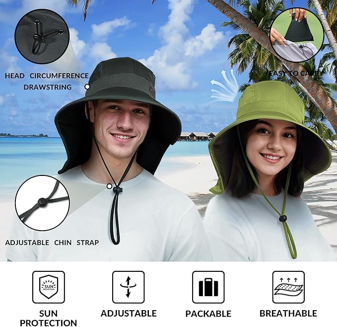 Sukeen Cooling Sun Hat for Men Women UPF50+ Wide Brim Fishing Hat with Neck Flap Adjustable Foldable Bucket Hat for Hiking