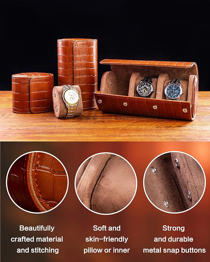 MR.OKAY 3 Watch Travel Case- Classic Leather Watch Case With Superb Texture.(Portable Watch Roll Or Organizer For Storage And Display).Festival Gift For Men, All Handcrafted By Artisans.