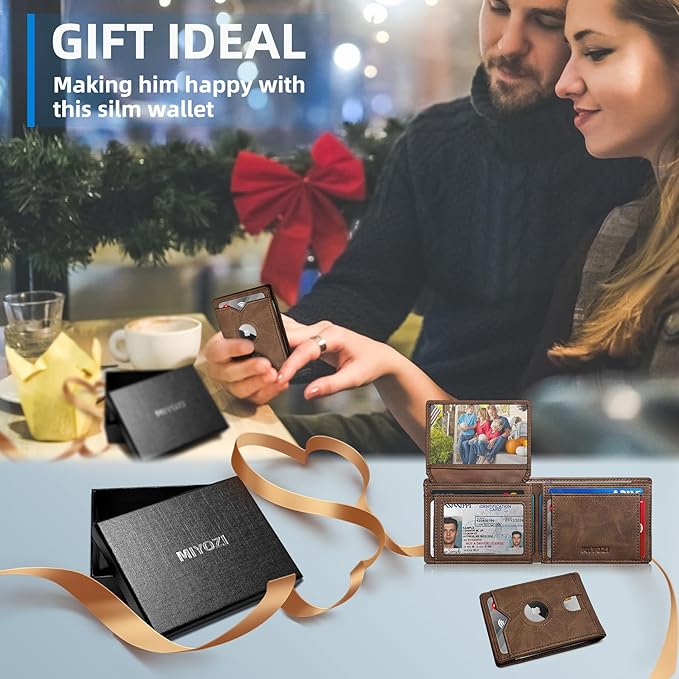 Airtag Wallet for Men,with Cash Pocket 2 ID Window 13 Cards,Slim Leather Wallet Front Pocket Card Holder RFID Blocking with Gift Box