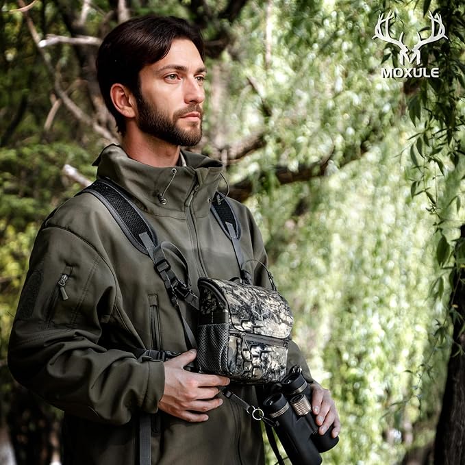 Binocular Harness Chest Pack: Bino Case with Magnetic Lid and Rain Cover for Hunting(Green)