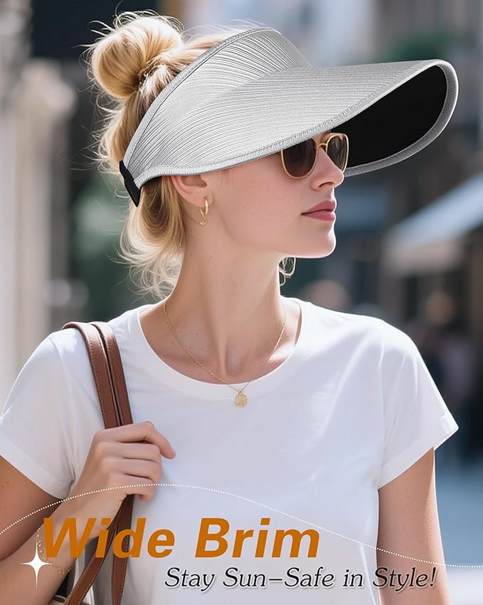 Sun Visor Hats for Women,UPF50+ Wide Brim Sun Hats Adjustable Foldable Beach Hats for Daily Travel