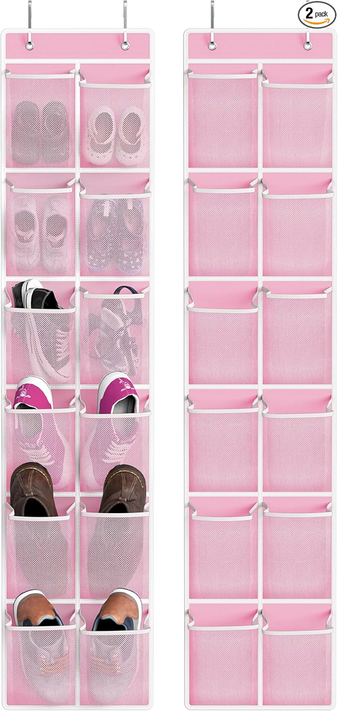 Simple Houseware 24 Pockets - 2PK 12 Large Pockets Over Door Hanging Shoe Organizer, Pink