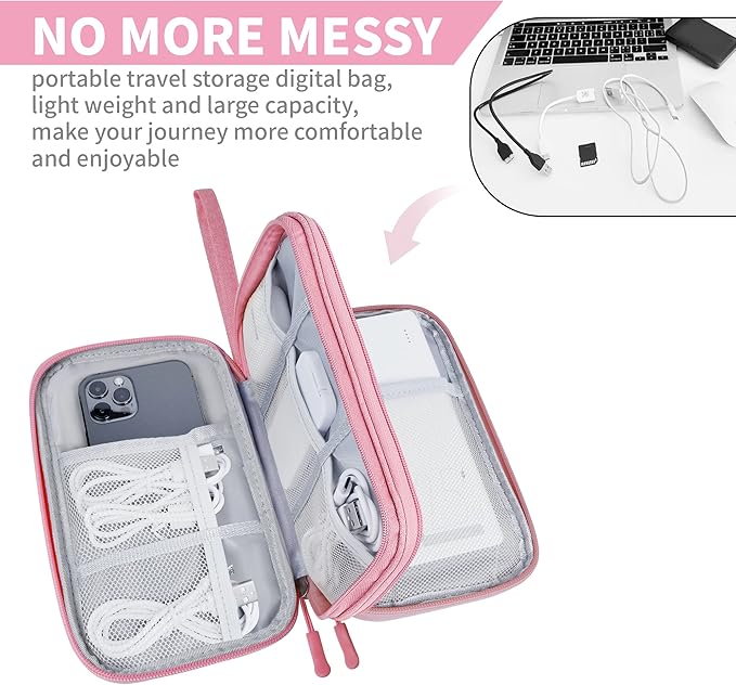 Electronics Travel Organizer,Portable Waterproof Electronic Travel Storage Bag for Small Charging Cord Storage,Charger,Small Electronics,SD Card etc,for Travel,Business - Pink
