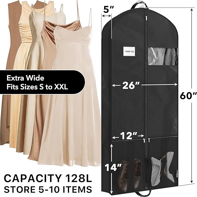 Simple Houseware 60-Inch Travel Garment Bag with Pockets, Non-Woven | Lightweight, Black, 3 Pack