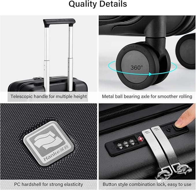 Hanke Hardside Expandable Carry On Luggage, 20 Inch Top Opening Trunk Luggages with Spinner Wheels, All-PC Hard Shell Carry-On Suitcase, Lightweight & TSA Airline Approved (Jet Black, 46L)