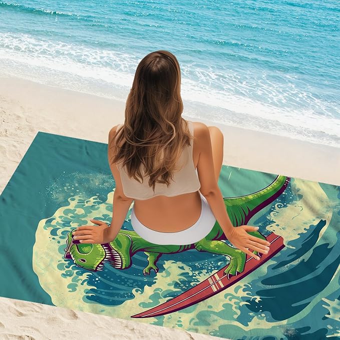 WZOMT Kids Dinosaur Beach Towel, Microfiber Dinosaurs Towels for Boys Toddler, Funny Green Dinosaur Surfing on Blue Wave Ocean Dino Bath Towel for Swim Pool Travel, Oversized 32x52 Inch