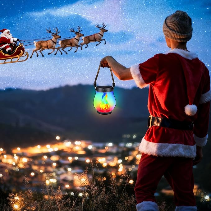 Christmas Solar Flame Lanterns Hanging Outdoor Waterproof - 2 Pack Flame Lanterns with Dual Charging Modes of Solar & USB for Garden or Yard Christmas Decorations (Multicolor - 2 Pack)