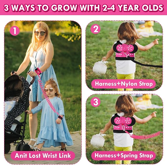Lehoo Castle Toddler Leash for 1-5 Years, Baby Safety Harness for Girls with Anti-Lost Key Lock & Adjustable Strap, 3-in-1 Wrist Leash and Kids Backpack Harness for Walking Travel (Pink Minnie Mouse)