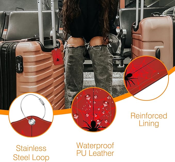 Luggage Tags for Suitcase Spider on Spider Web 2 PCS Leather Travel Luggage Tag with Stainless Steel Loop Name ID Label Privacy Cover for Women Men Travel