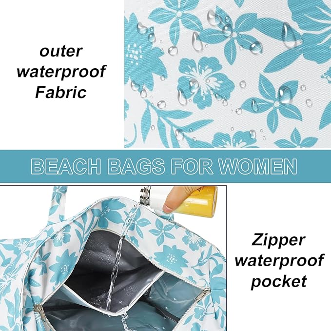 LEDAOU Large Beach Tote Bag Women Waterproof Sandproof Zipper Beach Tote Bag for Pool Gym Grocery Travel with Wet Pocket