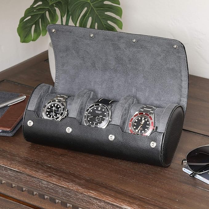 ROTHWELL Watch Roll Travel Case for 3 Watches | Tough Portable Protection, Fits All Wrist Watch & Smart Watches Up to 50mm (Black/Grey)