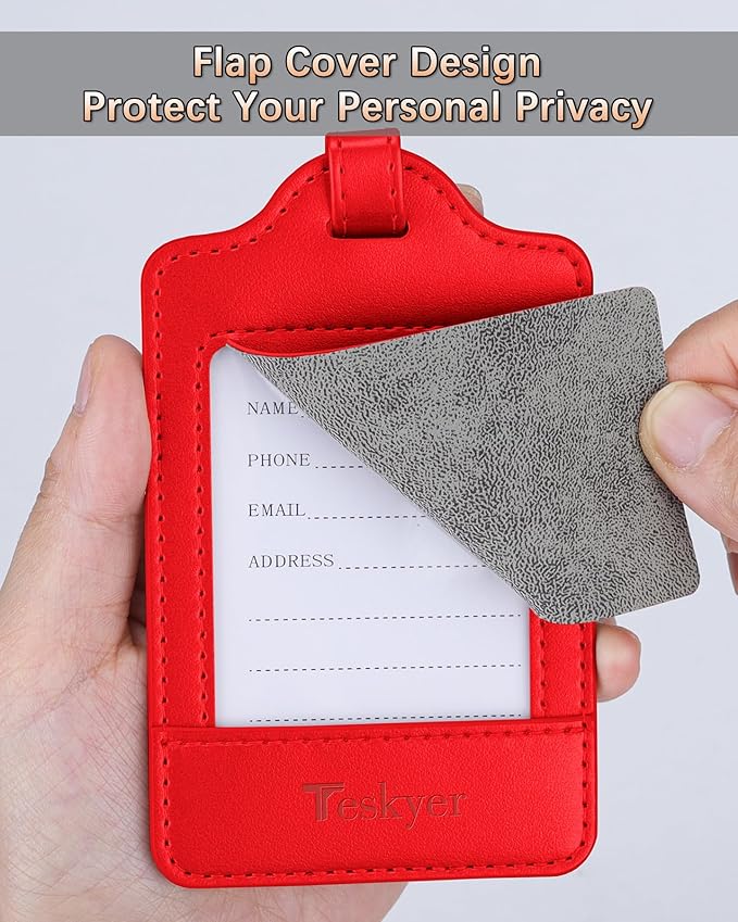 Teskyer Luggage Tags, 3 Pack Premium PU Leather Luggage Tags for Suitcases, Privacy Protection Travel Bag Tags, Red