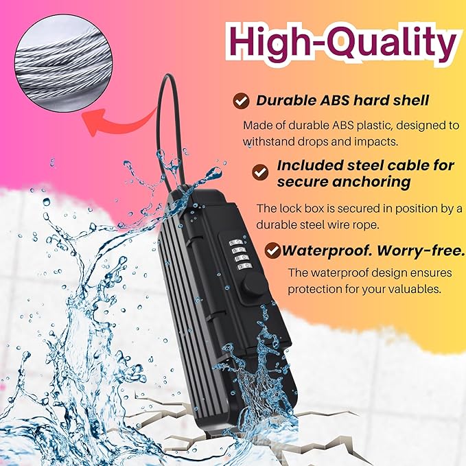 Portable Security Lock Box with Combination Lock, Waterproof Mini Safe Box with Cable, Travel Storage Case for Hotel, Car, Office