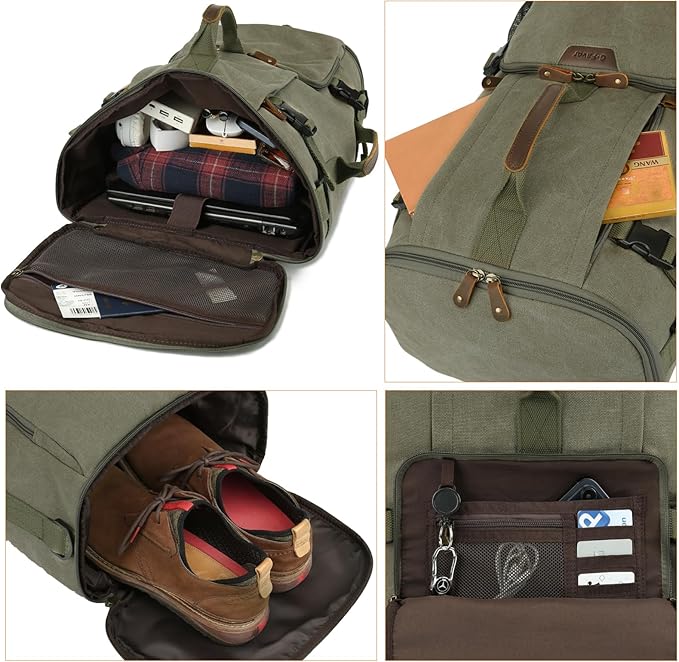 G-FAVOR Travel Backpack for Men, 40L Flight Approved Carry On Backpack, Water Resistant Canvas Rucksack with 17.3" Laptop Sleeve, Convertible Duffel Bag for Airplane, Business & Travel