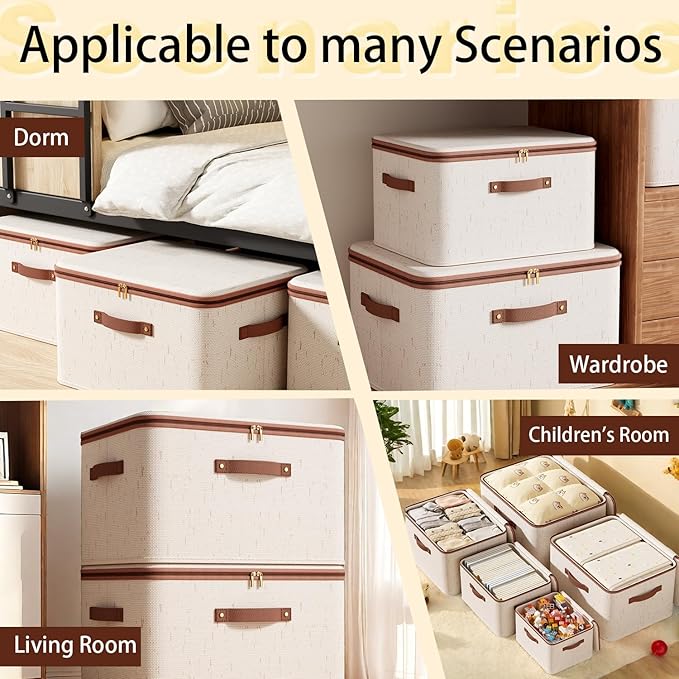 Tuza 3 Pcs Rigid Storage Bins with Zipper Lid, Cotton Linen Fabric Storage Boxes, Foldable Shelves Clothes Storage Cubes with Handles for Wardrobe, Closet(Beige, 25L)