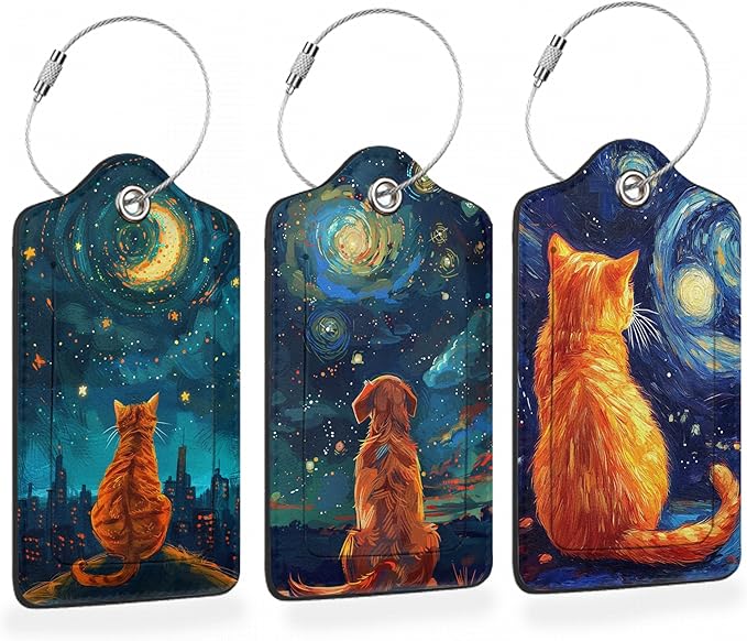 Starry Night Orange Cat 3 Pack PU Leahter Luggage Tag with Stainless Steel Loop, Galaxy Dog Under Stars Travel Suitcase Labels with Privacy Cover ID Label Quickly Spot for Bags