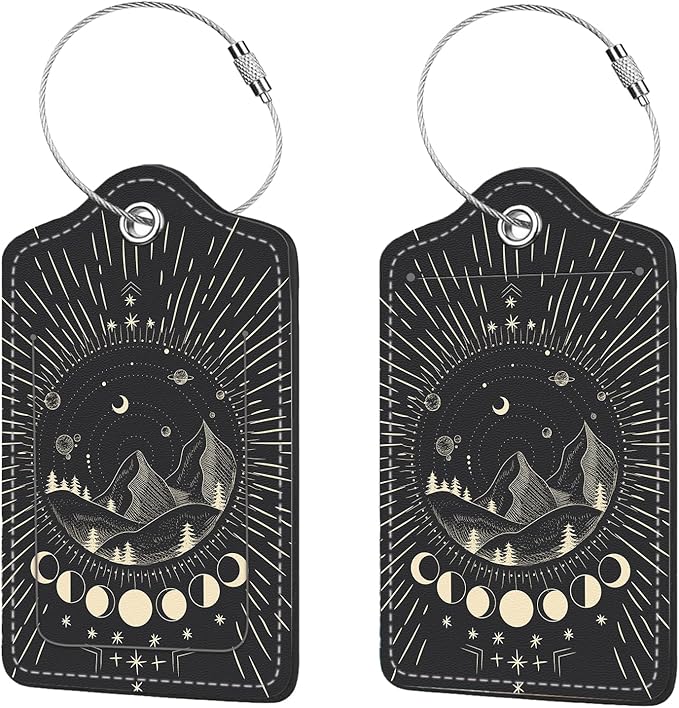 2 Pcs Luggage Tags for Suitcase, Cute Unique PU Leather Travel Bag Tag with Privacy Cover ID Label Address Card and Durable Metal Ring Suitable for Men Women Children Backpack,Mountain Range