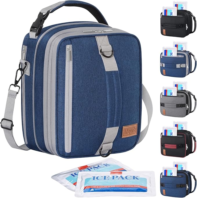 Lifewit Insulated Lunch Box for Men, Expandable Cooler Bag, Freezable Lunch Bag for Women with 2 Ice Packs and Shoulder Straps for Work Travel College, 8.2L Gray and Blue