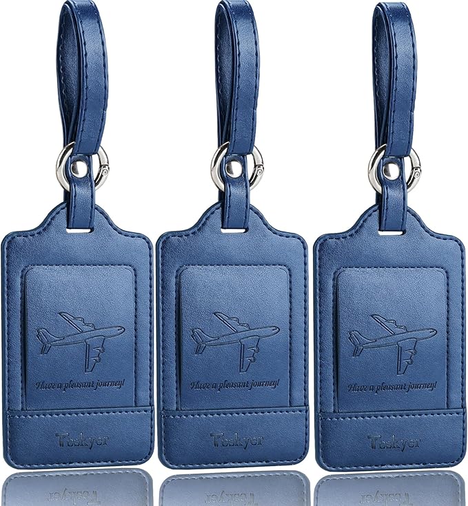 Teskyer Luggage Tags, 3 Pack Premium PU Leather Luggage Tags for Suitcases, Privacy Protection Travel Bag Tags, Blue