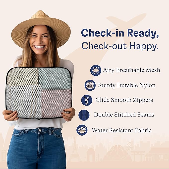 Shacke Premium 5 Packing Cubes Set - Lightweight Mesh Travel Luggage Organizers with Laundry Bag, 5-Piece Suitcase Storage System (Air Black)