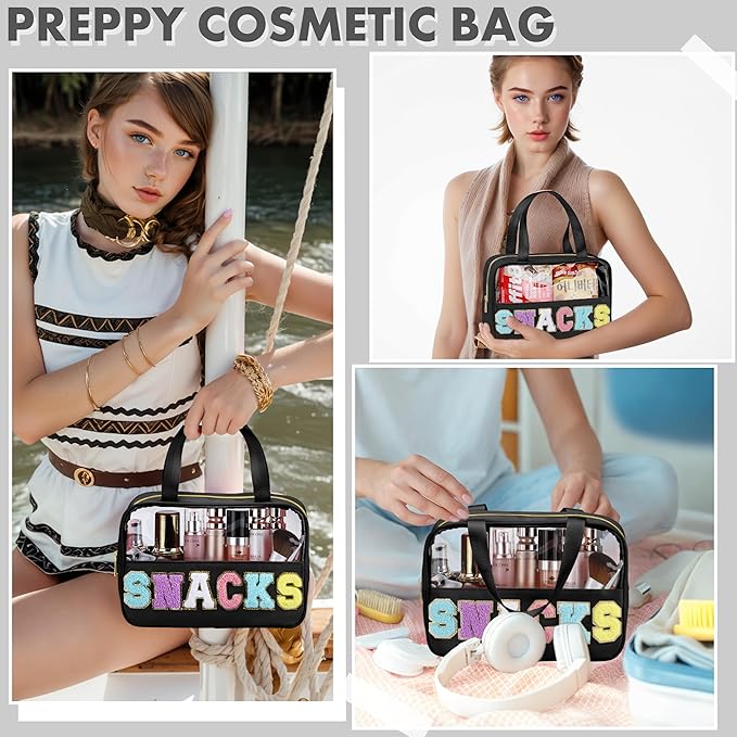 Snack Bag for Travel - Chenille Letter Clear Makeup Bag, Large Preppy Patch Snack Cosmetic Bag with Handle and Zipper, Cute Makeup Pouch Nylon&PVC Waterproof Toiletry Organizer Storage for Women