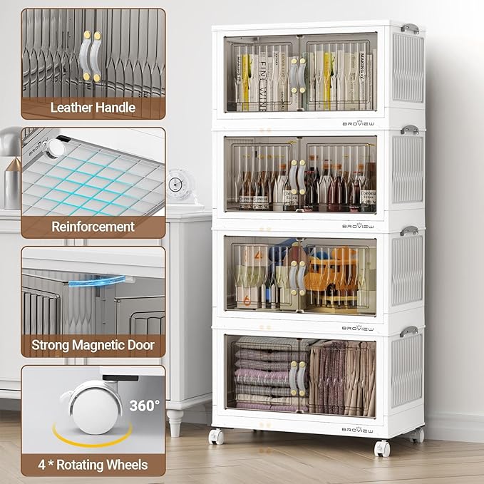 BROVIEW 180Qt Stackable Storage Bins with Lid, Extra Large Closet Organizer Collapsible Drawer Boxes with Wheels, Folding Plastic Cabinet Containers for Home Kitchen Room Organization, 3Pack White