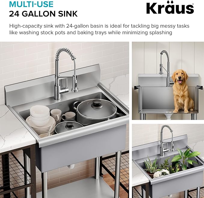 KRAUS Standart Pro 32 Inch 18-Gauge Stainless Steel Scullery Sink, 24 Gallon Freestanding Commercial Style Single Bowl Laundry & Utility Sink, KHS230-32