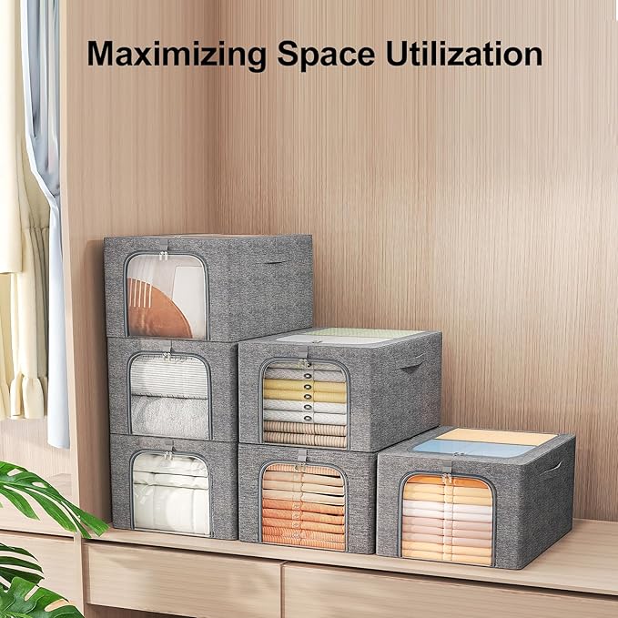 GoMaihe Clothes Storage Bins Metal Frame: 3-Pack Compact Stackable Closet Storage Bin with Lid & Clear Window, Space Saving Organizer for Sweaters Kids Clothes (Dorm/Closet 27L)