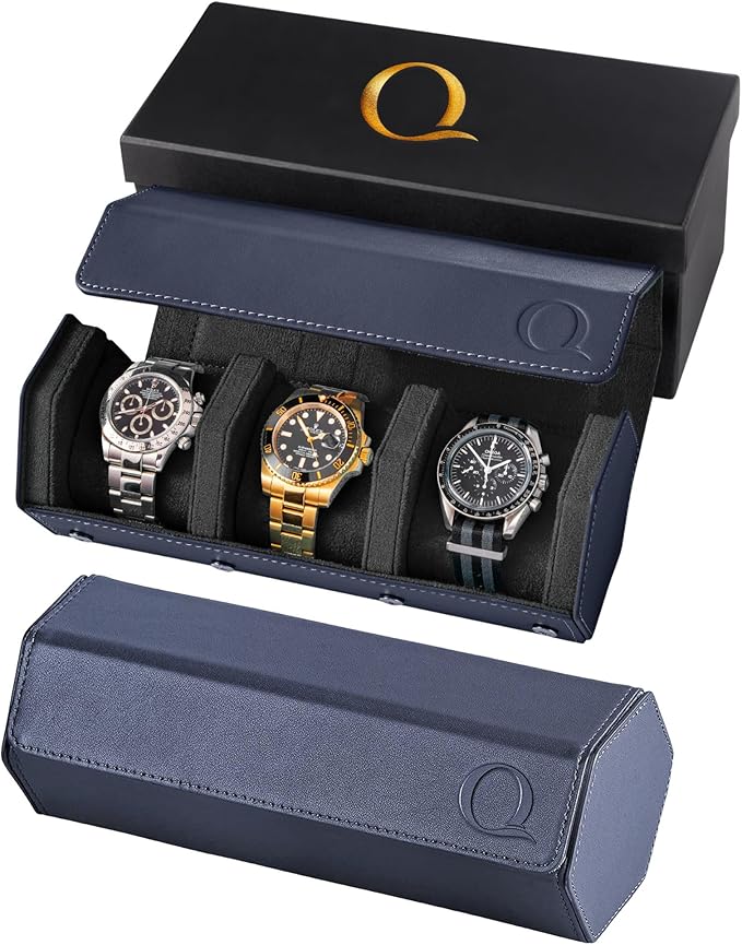 Napa Leather Watch Rolls for Men - Hexagon Triple Watch Roll Travel Case for 3 Watches - Storage Organizer Genuine Leather with Velvet Interior Display (Blue/Black)