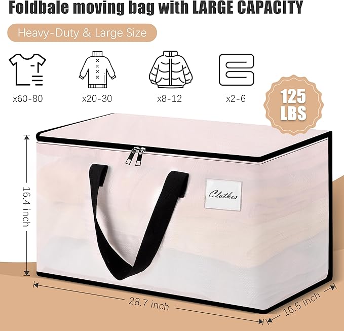 Heavy Duty Moving Bags - Extra Large Packing Bags and Storage Totes, Collapsible and Foldable Option for Moving and Storage, Clear, 125 L - 18 Pack