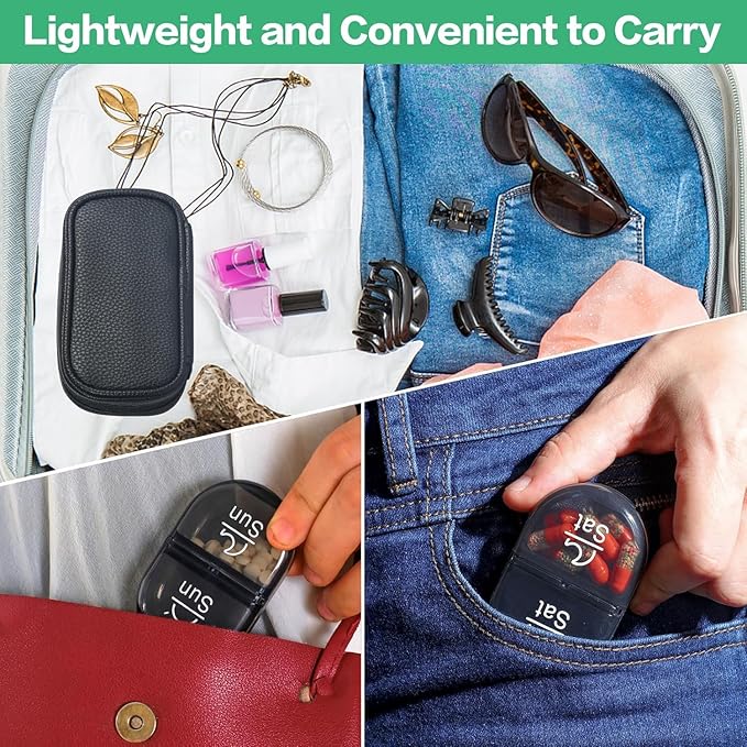 Serfeymi Weekly Travel Pill Organizer 2 Times A Day AM PM Upgraded Black Pill Box 7 Day with Portable Zipper PU Leather Pill Case, Medicine Organizer for Pills, Vitamins, Fish Oils - Black 01