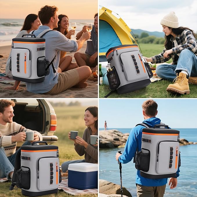 SUNUP 35 Cans Waterproof Cooler Backpack, Soft Insulated Leak Proof Backpack Cooler for Men Women, Large Capacity Ice Chest for Beach, Hiking, Camping, Travel, Outdoor, Grey