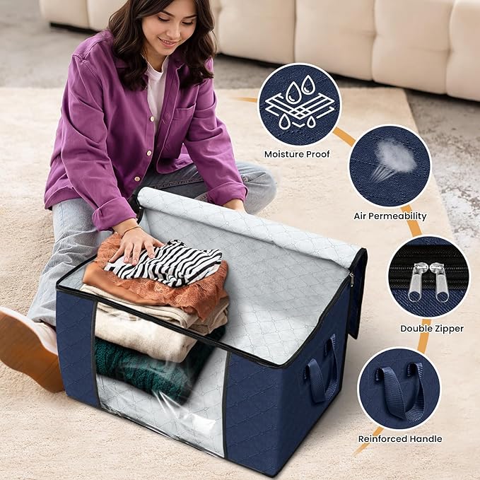 Fab totes 24 Gallons Clothes Storage, Foldable Thick Fabric Blanket Storage Bags, Containers for Organizing Bedroom, Closet, Clothing, Comforter, Organization with Handle (4 Pack,Blue)