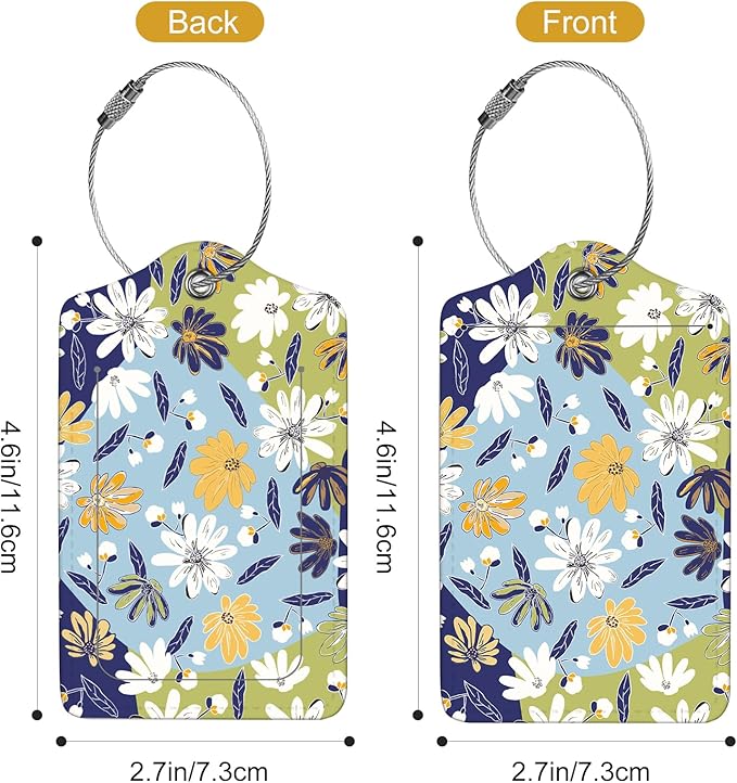 2Pack Luggage Tags for Suitcases, Cute Unique Pu Leather Cruise Luggage Tag with Privacy Cover ID Label Address Card and Metal Ring Suitable for Women Men Kids Travel Bag Yellow and White Floral Print