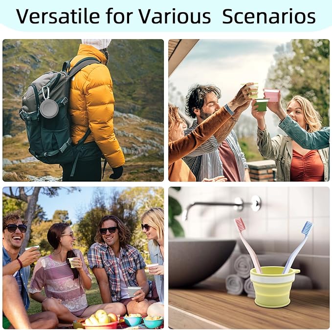 Silicone Collapsible Travel Cup Set - 4-Pack Foldable Mugs with Lids for Camping, Backpacking, Coffee & Outdoor (170ml, Pink/Light Green/Dark Green/Gray)