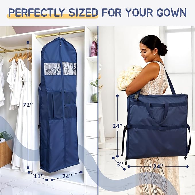 Sturdy Oxford polyester fabric - 72" Wedding Dress Garment Bag - Shoulder Strap - Accessory Pockets - Attaches to Suitcase – Waterproof – Trifold – Designed for Full Skirts – Carry Handle (Red)