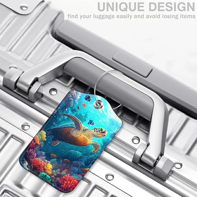 Sea Turtle Set of 2 Luggage Tags for Suitcases Leather Suitcase Tags Identifiers with Privacy Name Address Label and Stainless Steel Loop for Women Men Travel Luggage Accessories