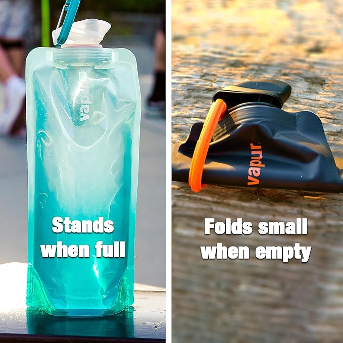 Vapur Collapsible Water Bottle With Carabiner, Compact Bottle Folds Flat For Hydration On The Go, Ideal for Traveling, Hiking or Camping, 16 Ounce, Cyan Blue, Pack of 1