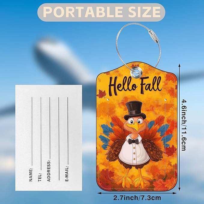 Hello Fall Turkey Set of 2 Luggage Tags for Suitcases Leather Suitcase Tags Identifiers with Privacy Name Address Label and Stainless Steel Loop for Women Men Travel Luggage Accessories