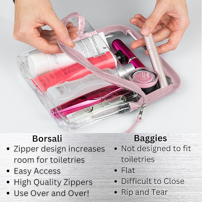BORSALI TSA-Approved Quart-Sized Bag for Carry-On Travel - One (1) Quart Clear Toiletries, Cosmetic and 3-1-1 Liquids Toiletry Bag - Rose