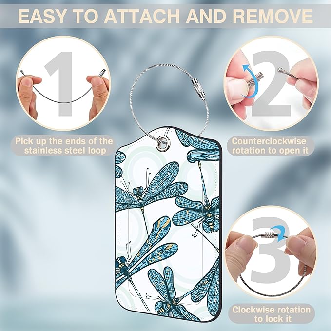 2 Pack Luggage Tags for Suitcases Vintage Blue Dragonflies Leather Luggage Tags Privacy Cover ID Label with Stainless Steel Loop and Address Card for Women Men Travel Bag Backpack