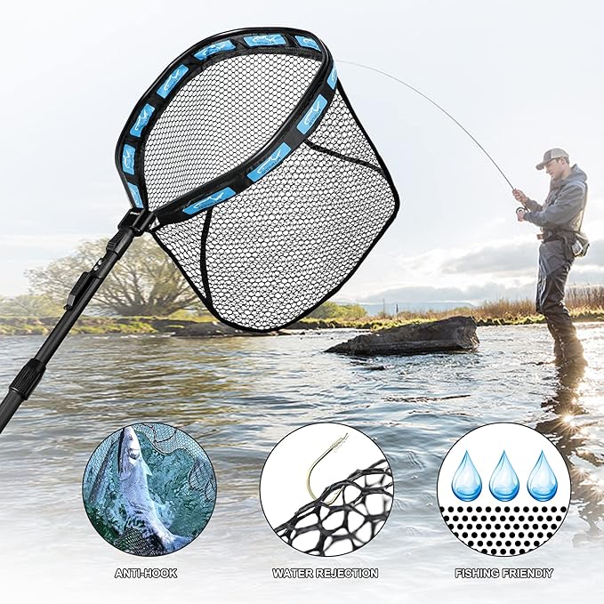 PLUSINNO Floating Fishing Net for Steelhead, Salmon, Fly, Kayak, Bass, Trout Fishing, Catfish, Rubber Coated Landing Net for Easy Catch & Release for Easy Transportation & Storage